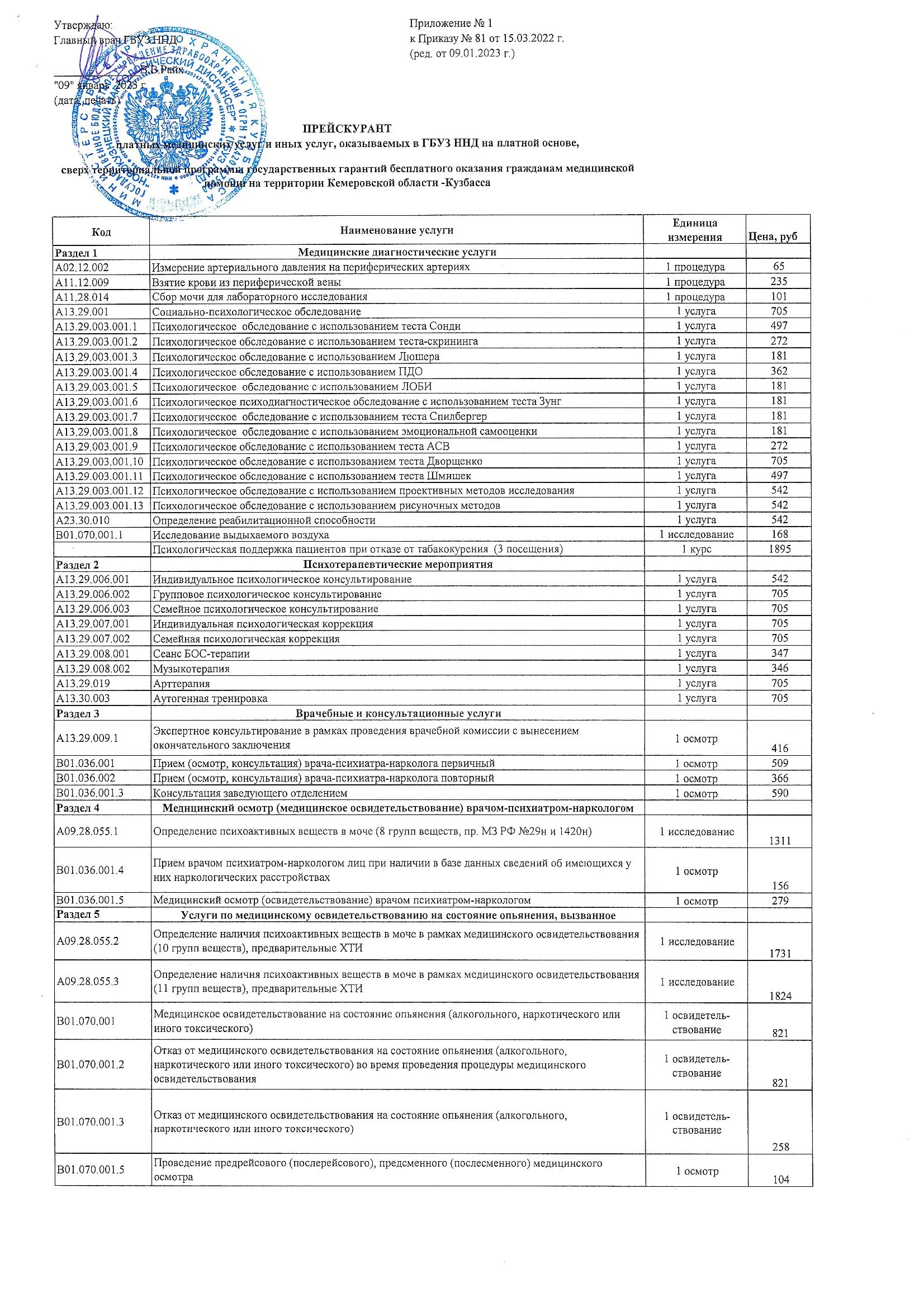 Прейскурант — «Новокузнецкий наркологический диспансер»